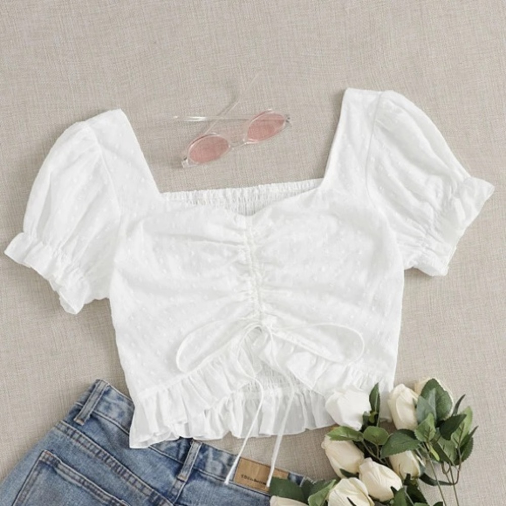 Shein Drawstring Front Ruffle Trim Shirred Back Swiss Dot Top